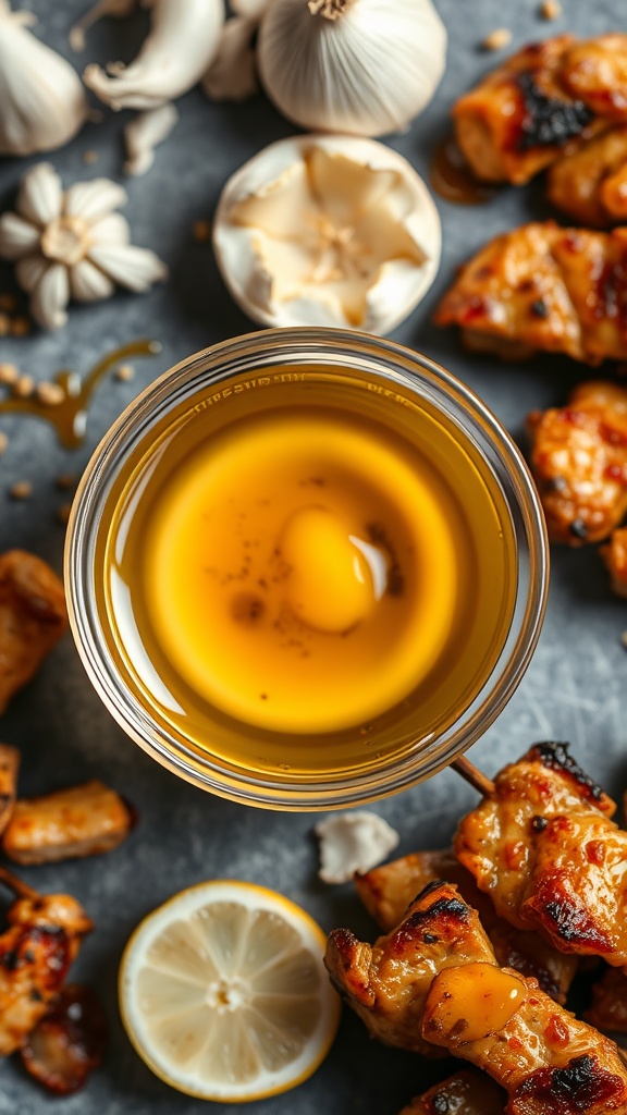 Honey soy marinade in a bowl with garlic and ginger, alongside grilled skewers.